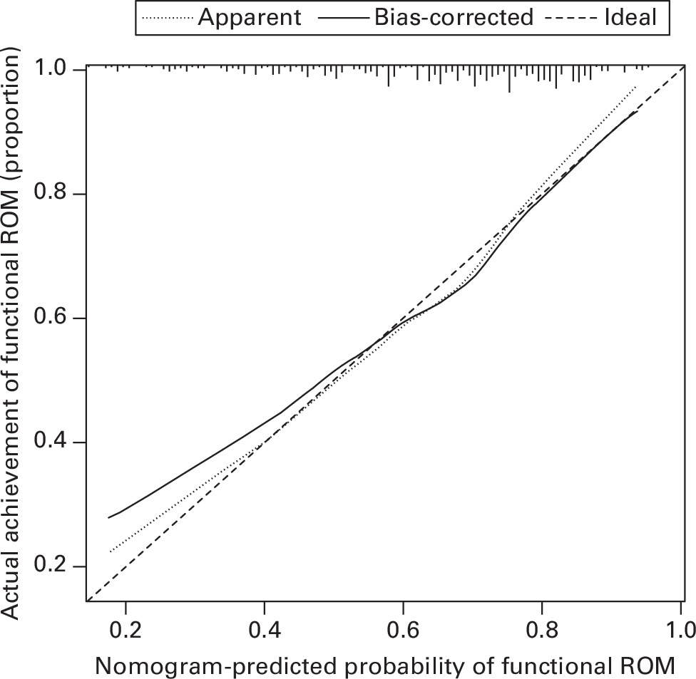 Fig. 4 
          Calibration curve of the nomogram prediction in the cohort. The diagonal dotted line represents a perfect prediction by an ideal model. The solid line represents the performance of this nomogram, of which a closer fit to the diagonal dotted line represents a better prediction. The calibration curve of the nomogram showed a good fit. ROM, range of motion.
        
