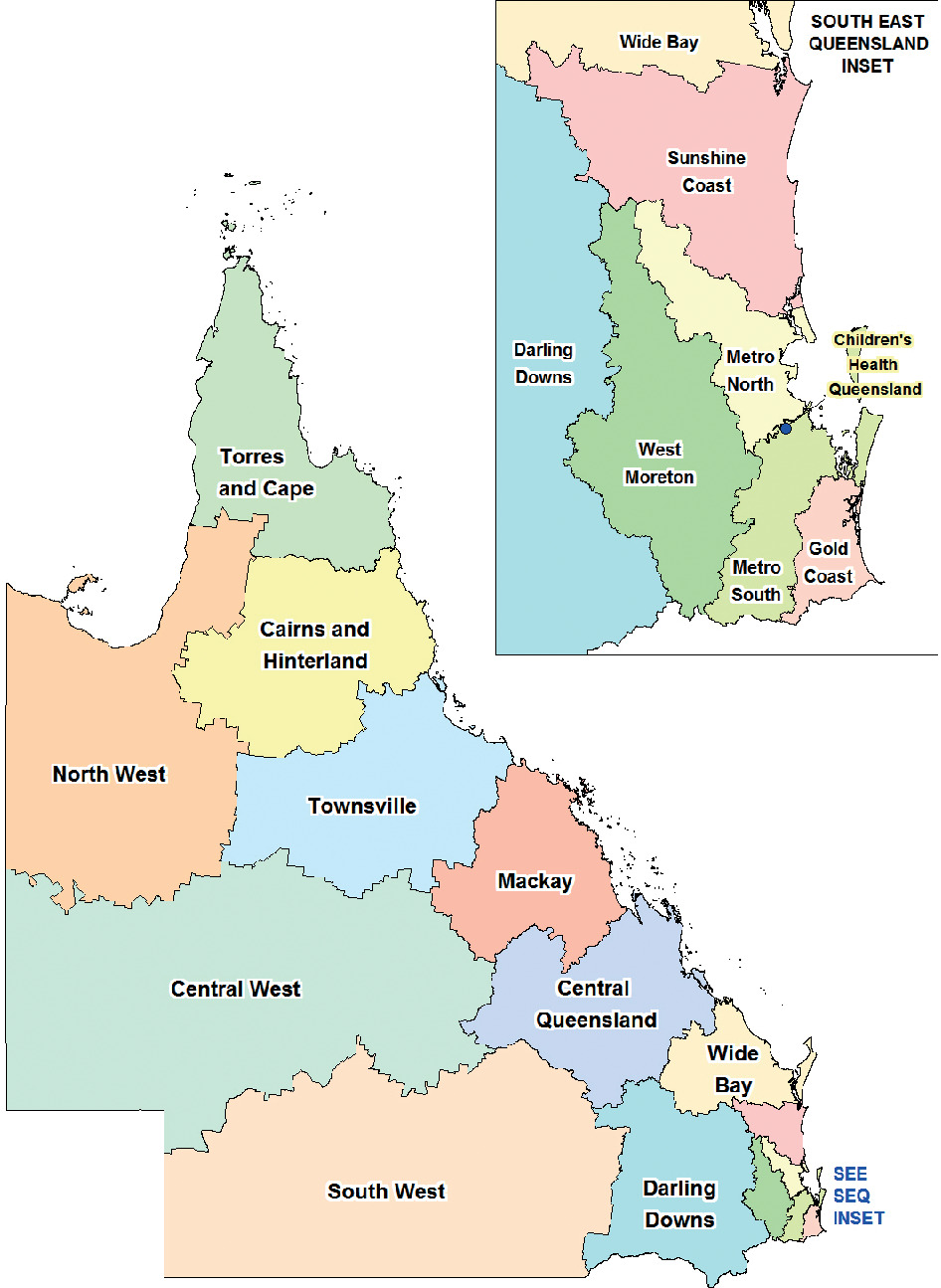 Fig. 1 
            Map of Queensland showing all 16 Hospital and Health Service (HHS) Districts governed by Queensland Health.14 Queensland is a state in Australia that has an area of 1.7 million km2 and a decentralized population of 5.24 million people.15 In the 2016 census, the median age was 37 years, sex split was 49.4% male and 50.6% female, and 4.0% were of Aboriginal or Torres Strait Islander background.16 The population is decentralized with 63% residing in a major city, 20% inner regional, 14% outer regional, 2% remote, and 1% very remote.17 Universal healthcare is available in the public system, with an additional private sector (encompassed by Queensland Health).
          