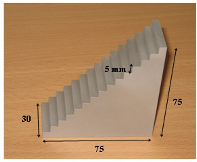 Fig. 3 
            The aluminium step wedge (all measurements in millimetres).
          