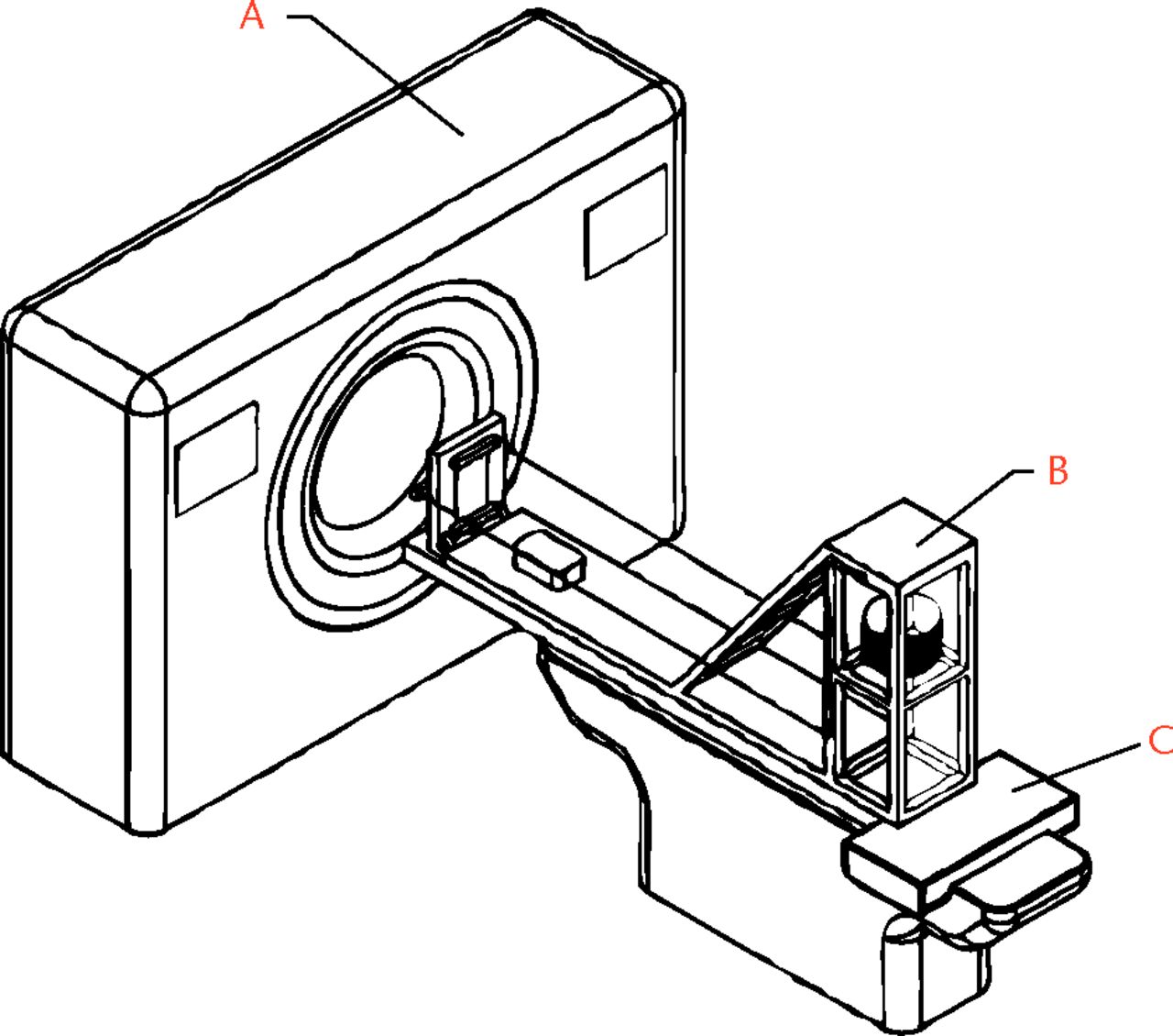 Fig. 1 
          Diagram of the computed tomography
(CT) set-up, showing a) the scanner tube, b) the foot loading device
and c) the scanner bed.
        