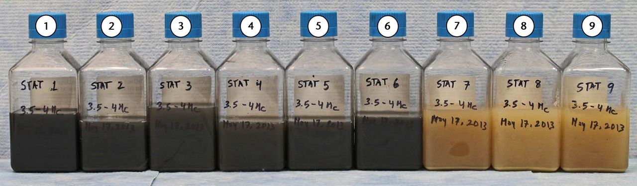 Fig. 3 
            Image showing that serum lubricants
turned black with metal debris (cobalt–chrome, 1 to 3; titanium
alloy, 4 to 6) whereas the chambers used with polymethylmethacrylate
debris (7 to 9) always retained the typical yellow colour (duration
of test 3.5 Mc to 4.5 Mc)
          