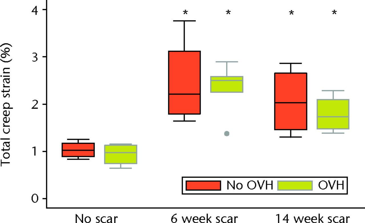 Fig. 5 
              Graph showing total creep strain of
normal and healing ligaments with or without surgical menopause
(* different from No scar with same condition of No OVH or OVH;
p ≤ 0.05; OVH, ovariohysterectomy).
            