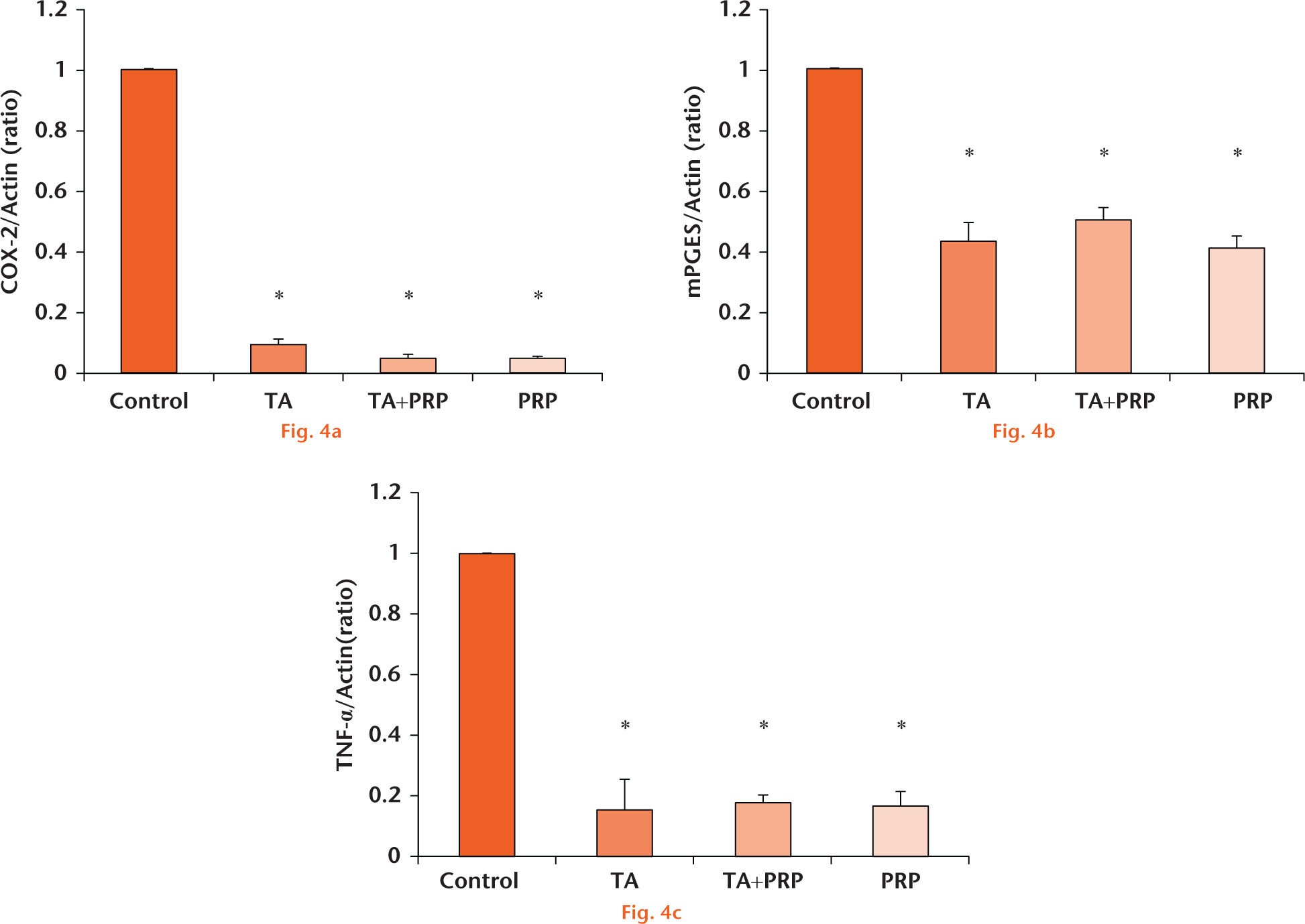  
            Graphs showing real-time PCR expression of serum free medium cultivation group and interleukin-1ß cultivation group (a; Cyclooxygenase-2 (COX-2), b; membrane-associated PGE synthase (mPGES), c; tumour necrosis factor (TNF)-α) (* p < 0.01)
          