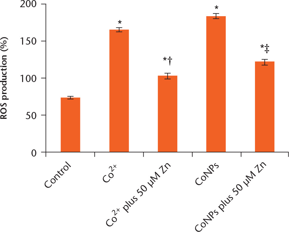 Fig. 3 
            Relative percentage change in the production of reactive oxygen species (ROS) was measured on cobalt ions (Co2+), cobalt nanoparticles (CoNPs) and zinc ions (Zn2+) pretreated groups. Each value represents the mean ± standard deviation of three independent experiments, performed in triple. *p < 0.05 compared with control group. †p < 0.05 compared with Co2+ treated group. ‡p < 0.05 compared with the CoNPs treated group.
          