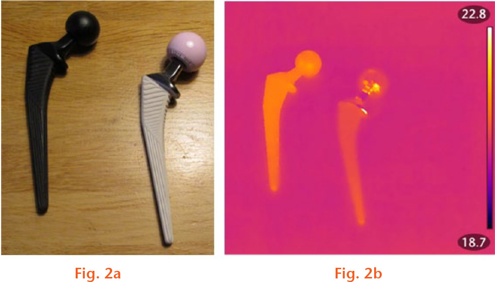  
            a) Photograph showing the hip stem with a thin layer of black paint and without coating. b) Thermal image of hip stem with and without coating. The emissivity of coated stem is improved, allowing uniform and accurate temperature measurements.
          