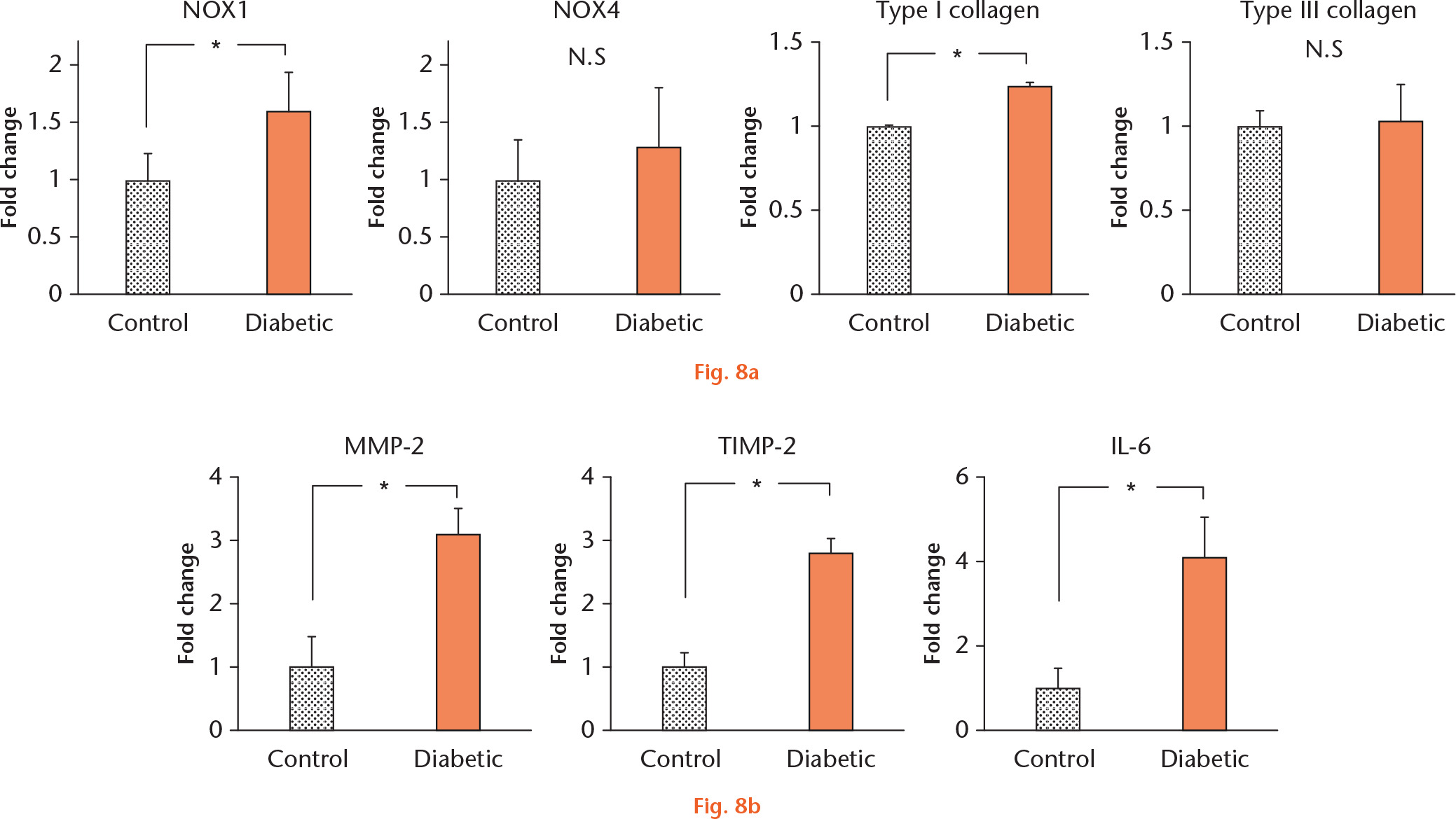 Fig. 8 
            Graphs showing relative fold changes in the messenger RNA (mRNA) levels in tendon: a) mRNA expression of NADPH oxidase (NOX)1 in Achilles tendon was significantly higher in diabetic rats than in control rats. No significant difference between control and diabetic rats was seen in the expression of NOX4 (*p < 0.05). The expression of type I collagen was significantly higher in diabetic rats than in control rats. No significant difference was observed between diabetic and control rats in the expression of type III collagen (*p < 0.05); b) mRNA expression of matrix metalloproteinase (MMP)-2, tissue inhibitors of matrix metalloproteinase (TIMP)-2 and interleukin (IL)-6 in diabetic rat Achilles tendon was significantly higher than in the control.
          