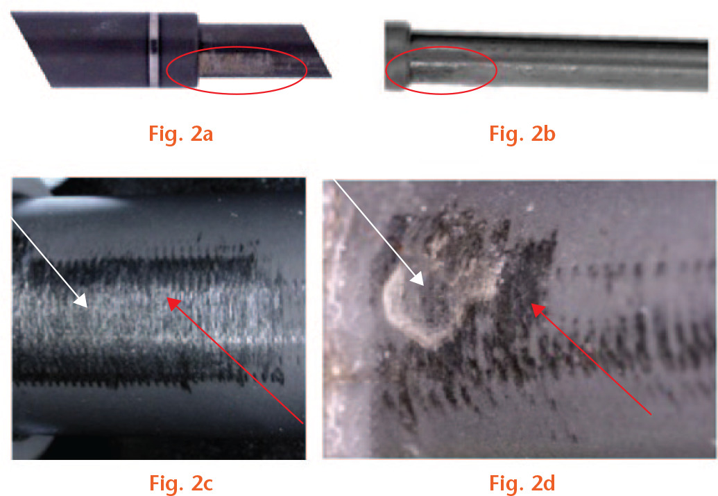  
            Patterns of damaged surface on the telescopic part of the nail. a) Retrieved P1 nail with wide marks on the telescopic part. b) Marks on retrieved P2.1, narrower compared with the marks of P1. c) Fretting (red arrow) and pitting (white arrow) corrosion present on the surface degradation on the telescopic part of P1 nail under the optical microscope (50 × magnification). d) Fretting (red arrow) and pitting (white arrow) corrosion present on the telescopic part of P2.1 nail shown by the microscopic inspection (50 × magnification).
          