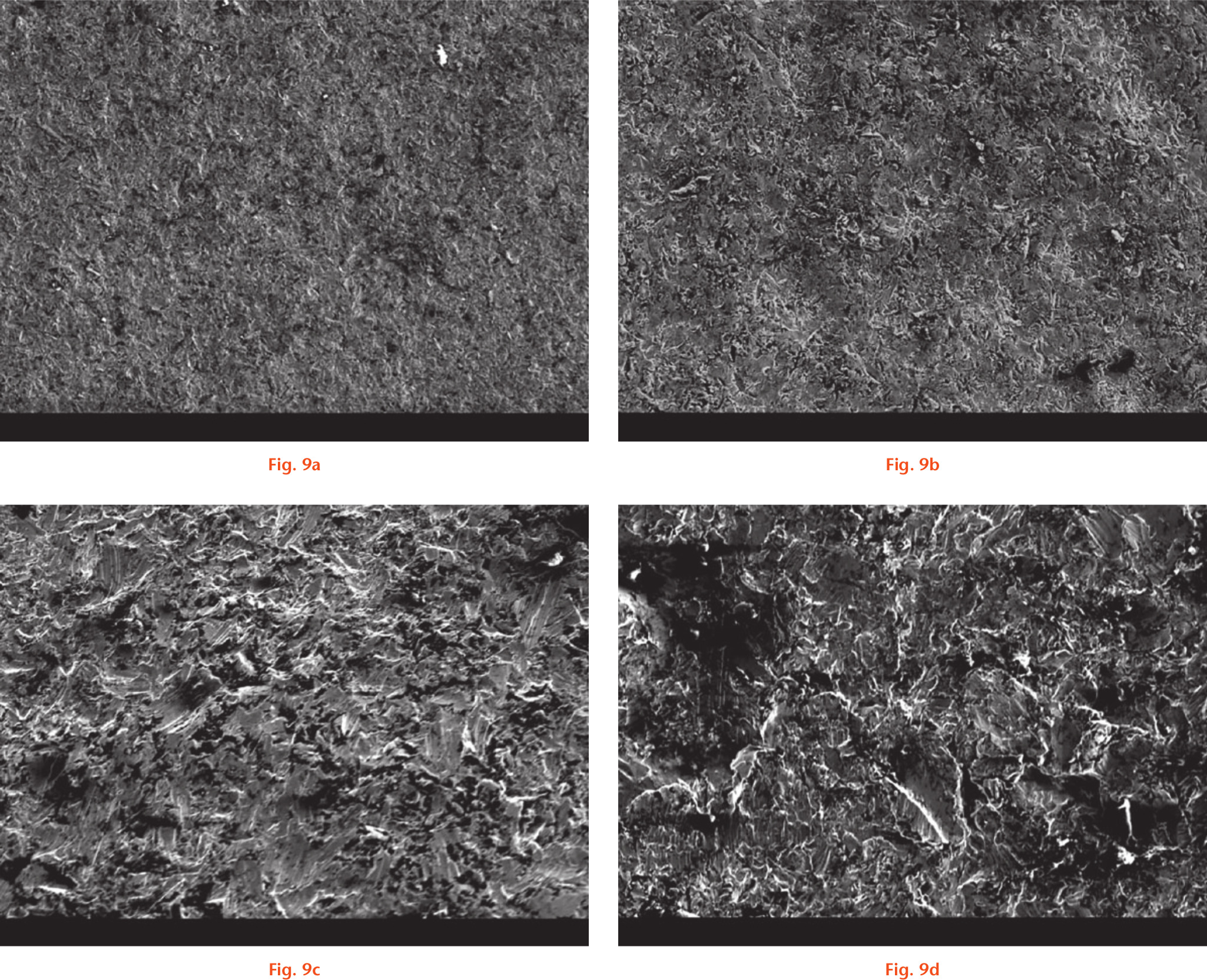 Fig. 9 
            Images from SEM analysis at 10 kV and ×300 magnification, showing the surface topography of a) cobalt-chromium (CoCr) PFC Sigma, b) titanium (Ti) PFC Sigma, c) Attune, d) CoCr PFC Sigma rotating platform (RP). It is possible to notice the increase in the surface irregularity.
          