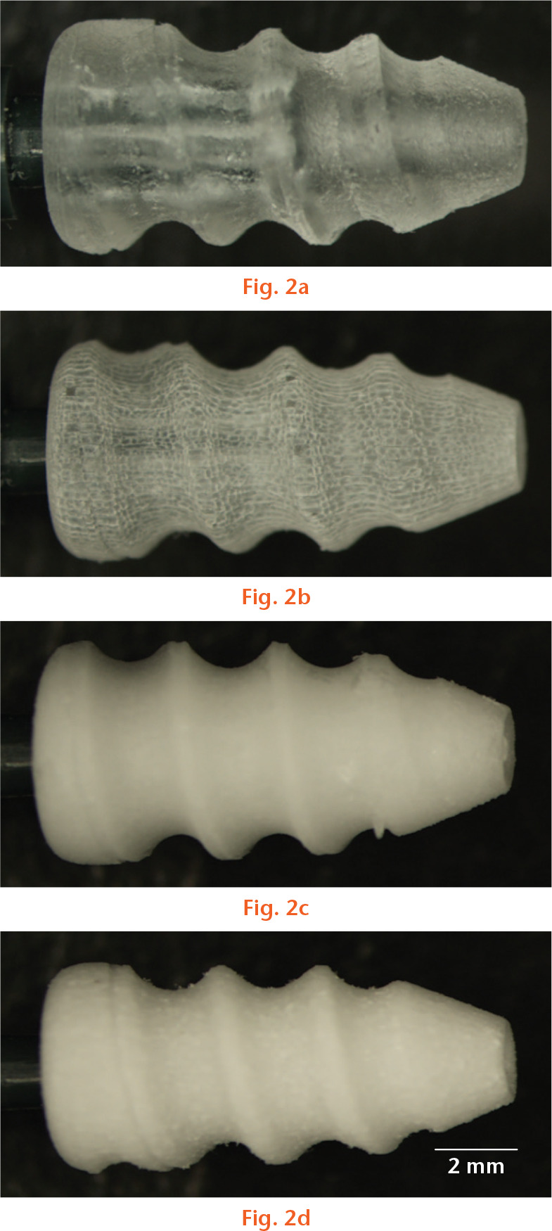 Fig. 2 
          Optical microscopy images of screws following 12 weeks of in vitro degradation. a) PLGA; b) PLGA+EB; c) PLGA-TCP; d) PLGA-TCP+EB. PLGA, poly(L-lactide-co-glycolide); EB, electron beam; TCP, tricalcium phosphate.
        