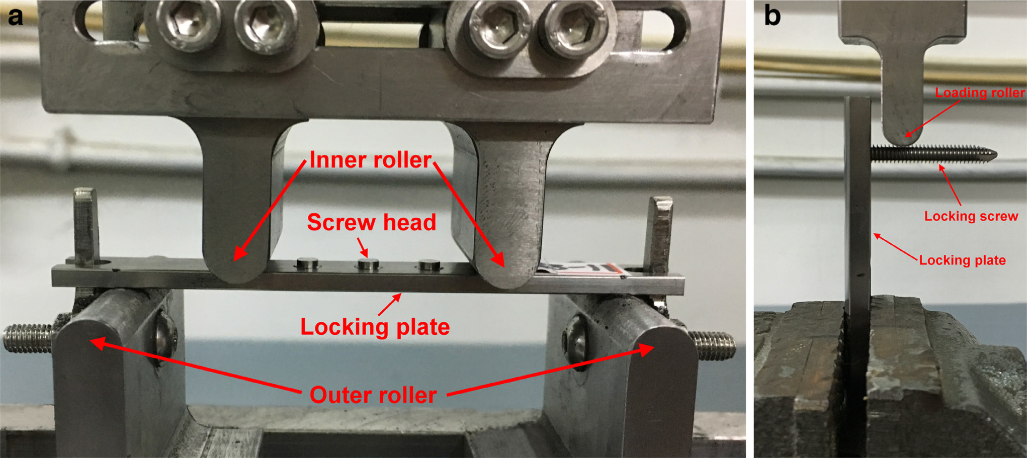 Fig. 3  
            a) Test setups for the four-point bending tests. b) Test setups for the screw bending tests.
          