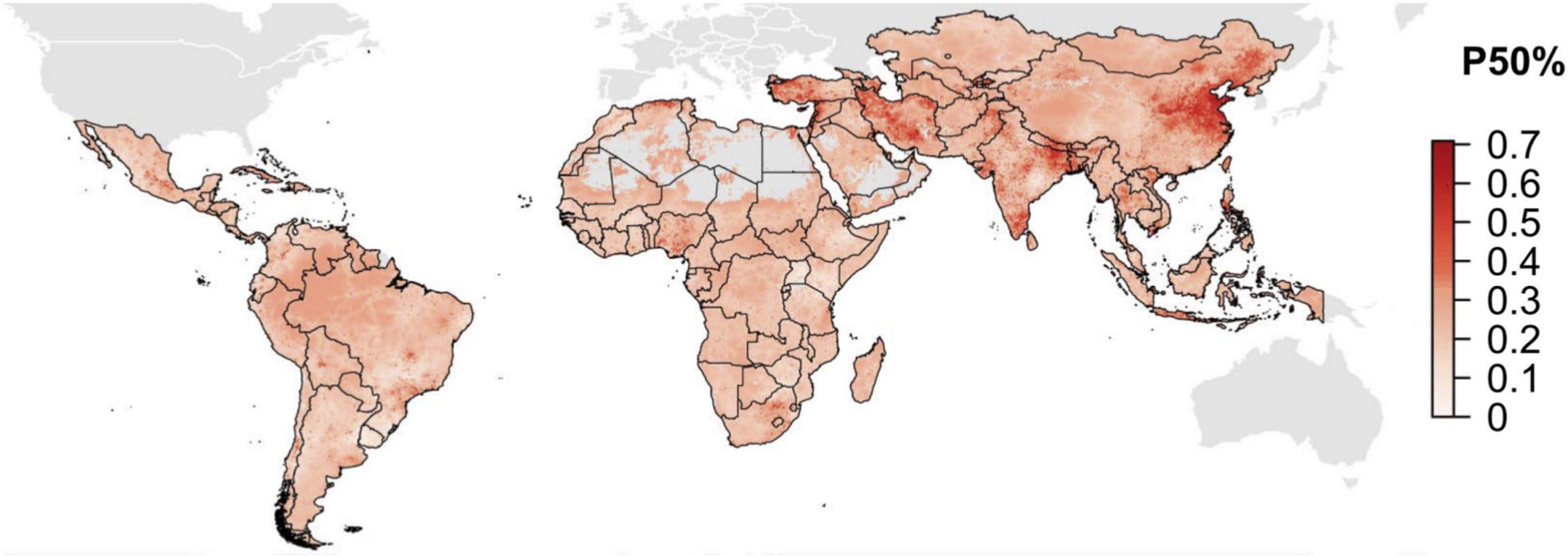 Fig. 8 
            World map on antibiotic resistance from van Boeckel et al71. This map emphasizes P50, the proportion of bactericidal antibiotics which have a resistance above 50%. Only low- and middle-income countries are reported here. Image is reproduced from van Boeckel et al with permission.71
          