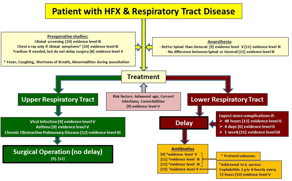 Fig. 4 
            Algorithm for patients with respiratory tract disease. It should be noted that this is a suggested pathway, and patients should be managed on a case-by-case basis. HFX, hip fracture; iv, intravenous; S. aureus, Staphylococcus aureus.
          