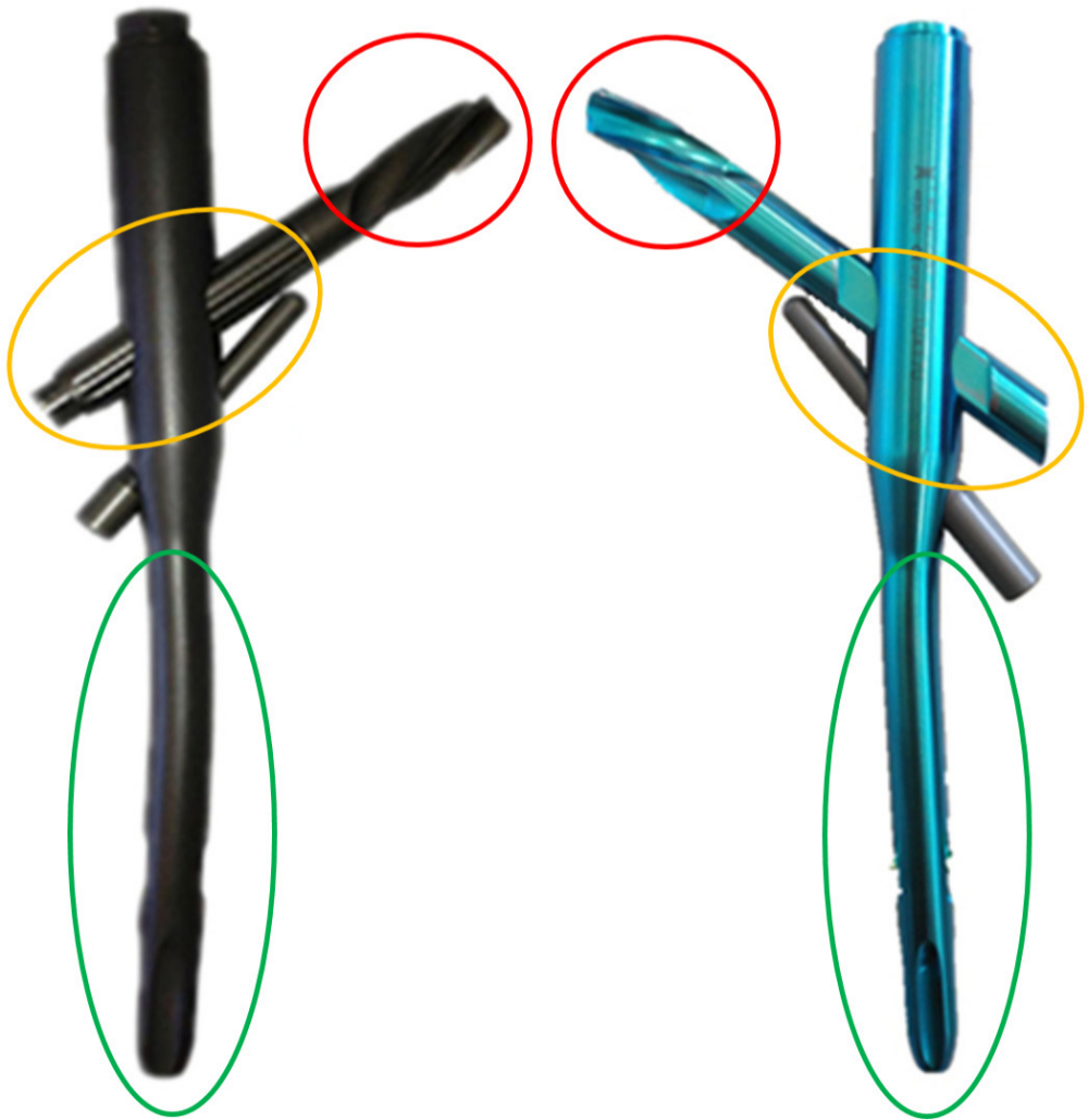 Fig. 1 
          The general view of improved parts between medial sustainable nail (MSN)-I (left) and MSN-II (right). MSN-II removed one spiral blade on the tip of the head nail (red circle), added a limited sliding groove on the middle parts and bevel modification on the tail of the head nails (yellow circle), and increased the curvature of the anterior arch of the nail shaft (green circle).
        
