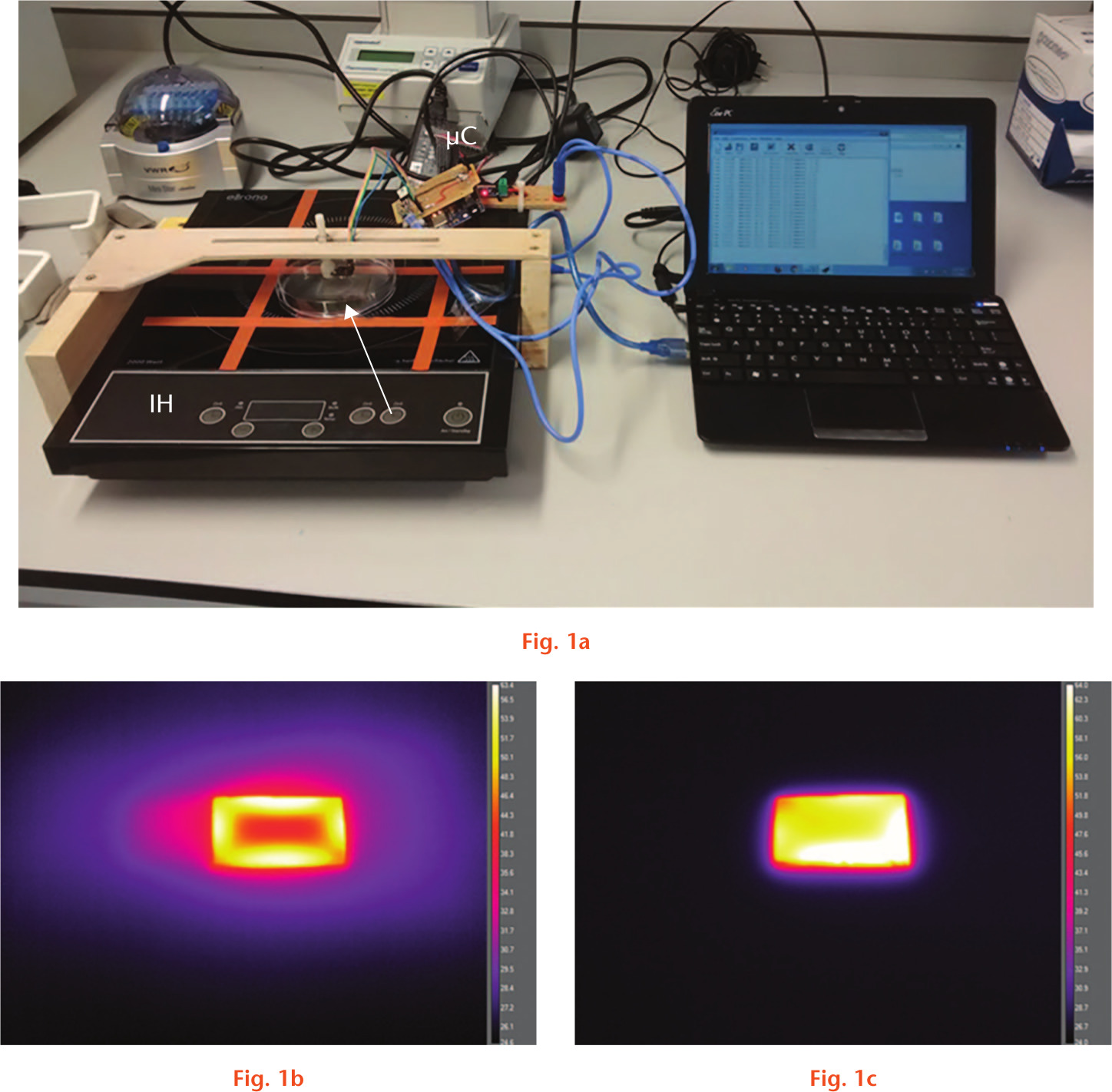 Fig. 1 
            a) Photograph of the arrangement of the induction systems and a titanium alloy (Ti6Al4V) coupon in a Petri dish. An arrow shows the Ti6Al4V coupon with biofilm and the infrared temperature sensor directly above it for non-contact temperature measurements. b) Thermal image showing heat distribution before using study heating protocol. c) Thermal image showing heat distribution after using study heating protocol. IH, induction heat for non-contact heating; µC, micro-controller for temperature control and communication (data logging) with the laptop.
          