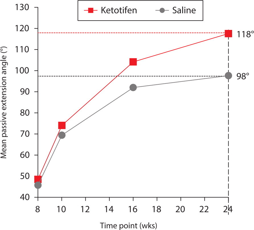 Fig. 3 
            Graphic representation of passive extension angles at 40 N·cm of torque for different timepoints in the presence of saline or ketotifen. Horizontal dotted lines show the mean difference in passive extension among groups at 24 weeks. Data are presented as means and SDs. Statistical significance was assessed using the Mann-Whitney U test. p < 0.05.
          