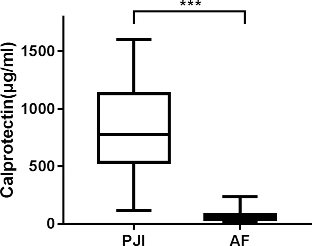 Fig. 1 
          The median of synovial calprotectin in prosthetic joint infection (PJI) group was higher than that of aseptic failure (AF) group. ***p <0.001, Mann-Whitney U test.
        