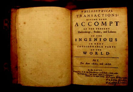 Fig. 1 
        Cover of thePhilosophical Transactions of the Royal Society of London, dating from 1665, which is widely considered to be the first published scientific paper.
      