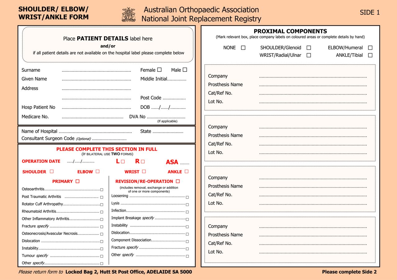 Fig. 3 
          
            FigCapA typical data collection form, taken from the Australian Joint registry: used for both primary surgery as well as re-operation for ankle, shoulder, wrist and elbow replacement.27
        