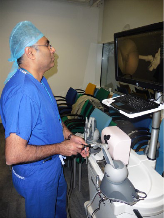 Fig. 2b 
          Surgical practice with the Simbionix Arthro Mentor hip arthroscopy simulator.
        