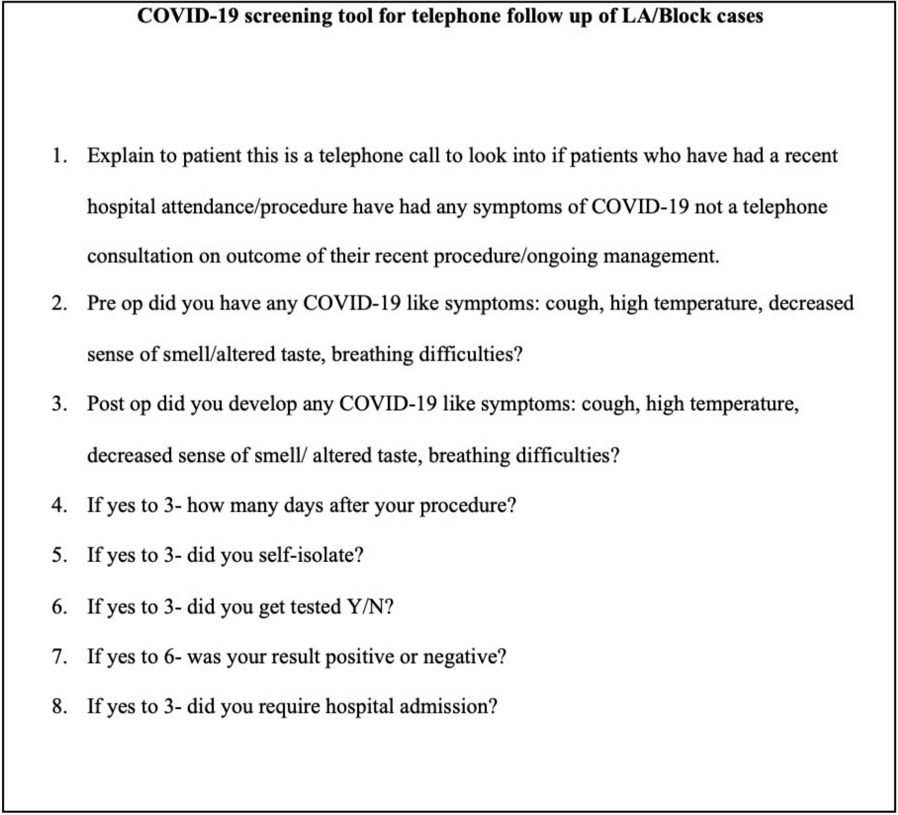 Fig. 2 
          Screening proforma for telephone follow-up of cases undertaken during the COVID-19 pandemic response.
        