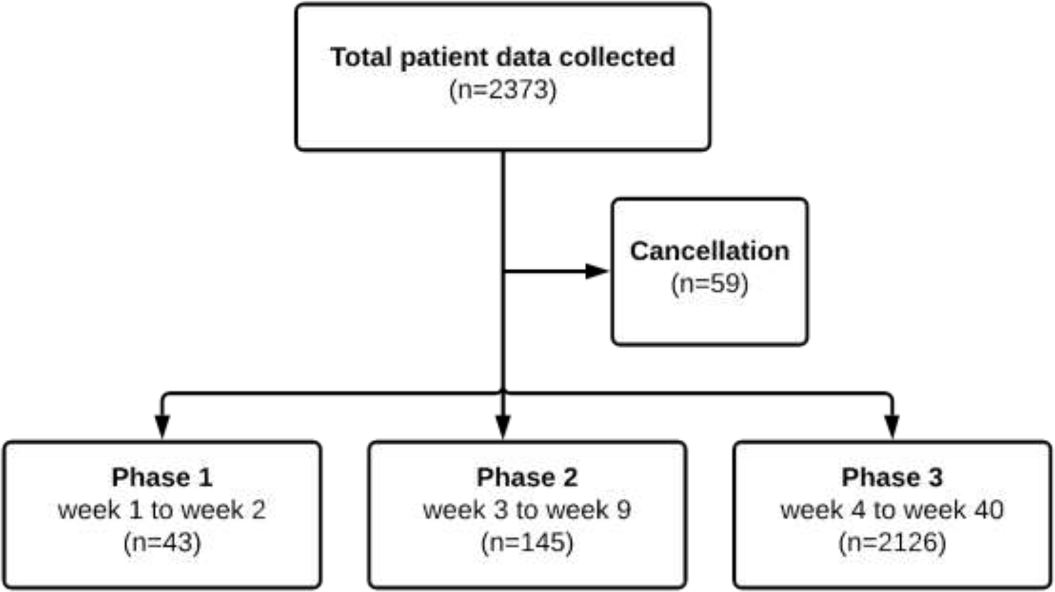 Fig. 1 
          Numbers of cancellations and patients in each phase.
        