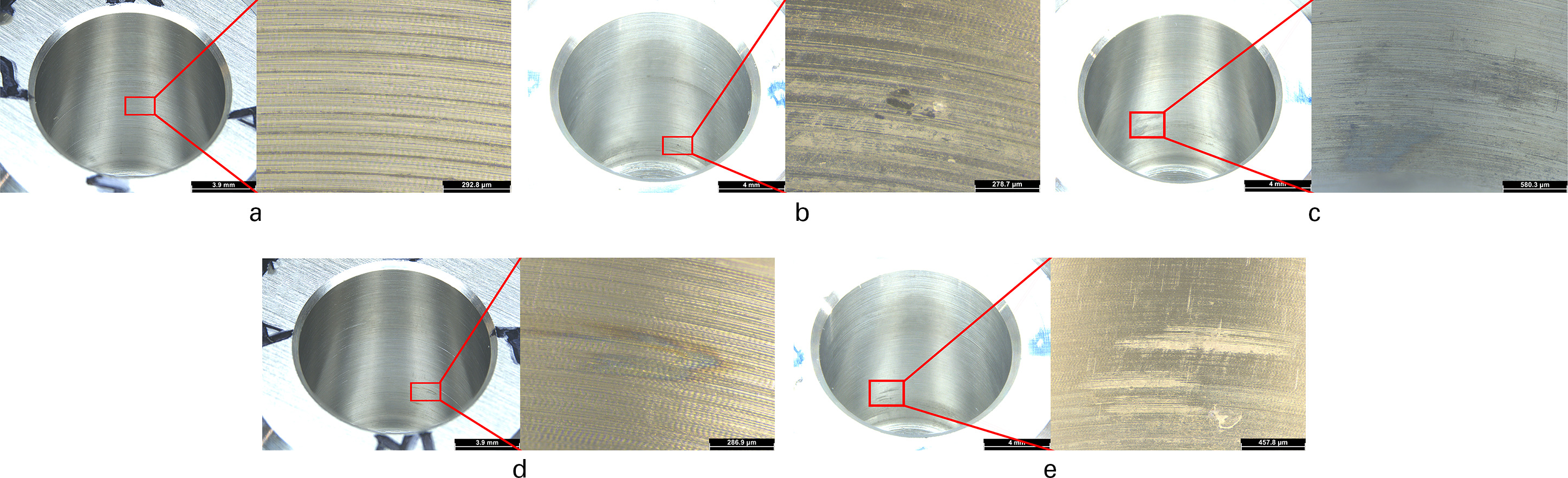 Fig. 8 
          Microscope images of head taper damage modes. a) Imprinting, b) pitting, c) darkened discoloration, d) ‘oil-slick’ discoloration, and e) fretting,
        