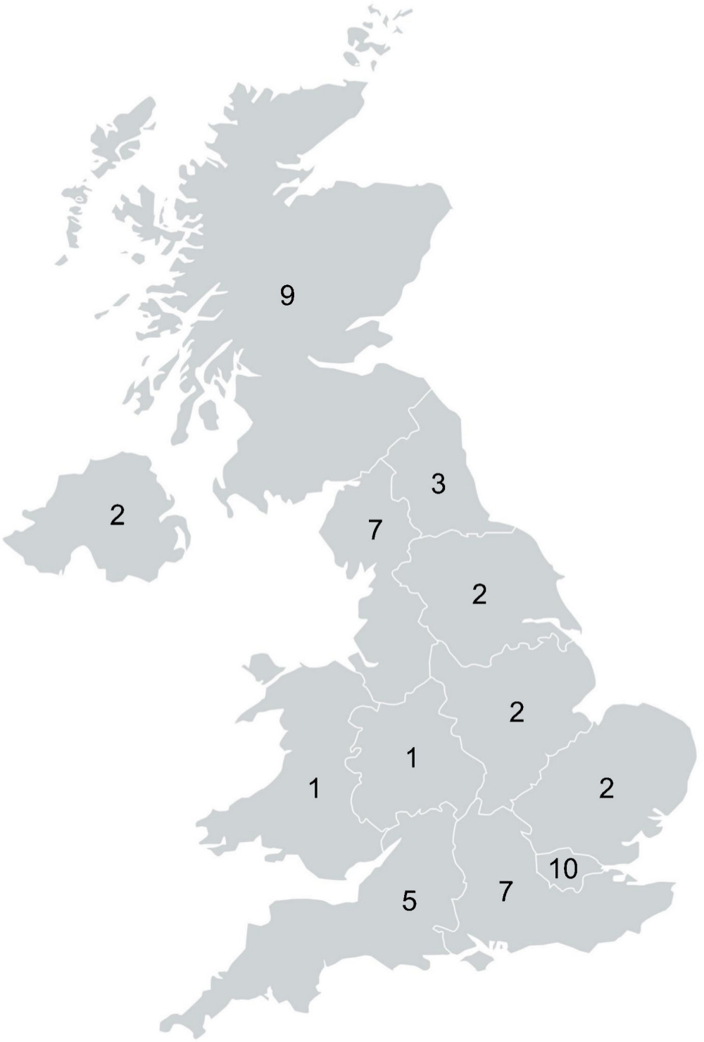 Fig. 2 
            Number of hospitals with virtual fracture clinic services recruited by region in the UK. Regional map reproduced with permission from Shutterstock.
          
