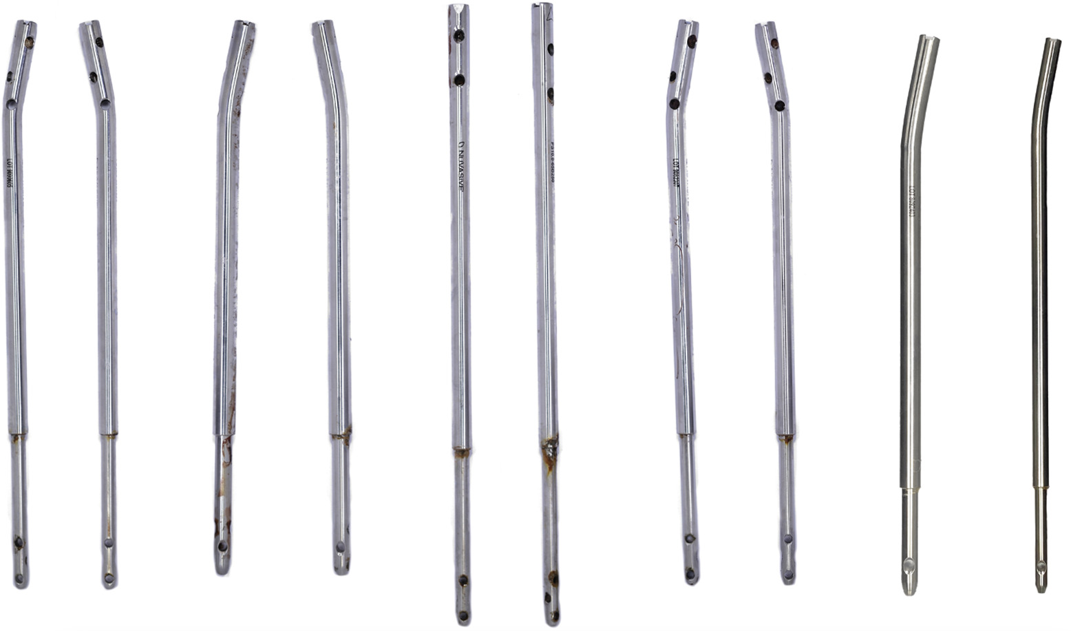 Fig. 1 
          Macroscopic images of all ten nails examined in this study. There are no indications of gross mechanical damage and macroscopically discolouration of the surface is observed around the junction of the housing tube and distraction rod, the distraction rod itself, and the screw holes.
        