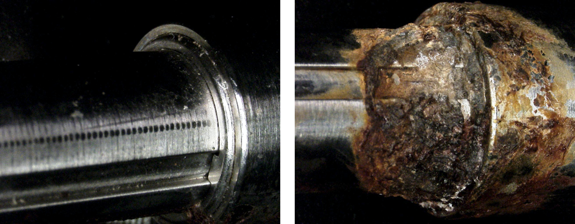Fig. 6 
            Microscopic images of the extendable junctions of the femoral nails retrieved from patient 2 after 13 months in situ. The left image is of the left nail, showing minimal unexpected surface damage. The right image is of the right nail, showing evidence of severe corrosion (Goldberg score 4). The left image also shows black marks and slight galling, corresponding to the incremental lengthening of the nails. The patient had no symptoms of pain; however, there was evidence of cortical thickening at the extendable junction of the right nail.
          
