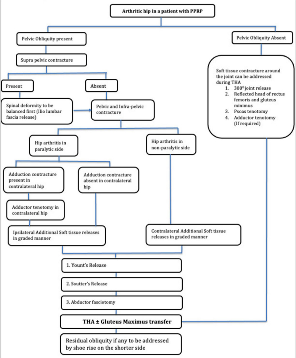 Fig. 1 
          Authors’ algorithm for managing soft tissue contractures during total hip arthroplasty in patients with post-polio residual paralysis and fixed pelvic obliquity.
        