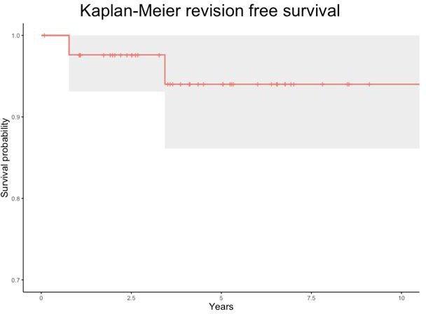 Fig. 5 
          Kaplan–Meier implant survival analysis. The 95% confidence intervals (CIs) are shown in the shaded grey area (five- and ten-year implant survival = 93.8% (95% CI 89.4% to 99.2%)).
        