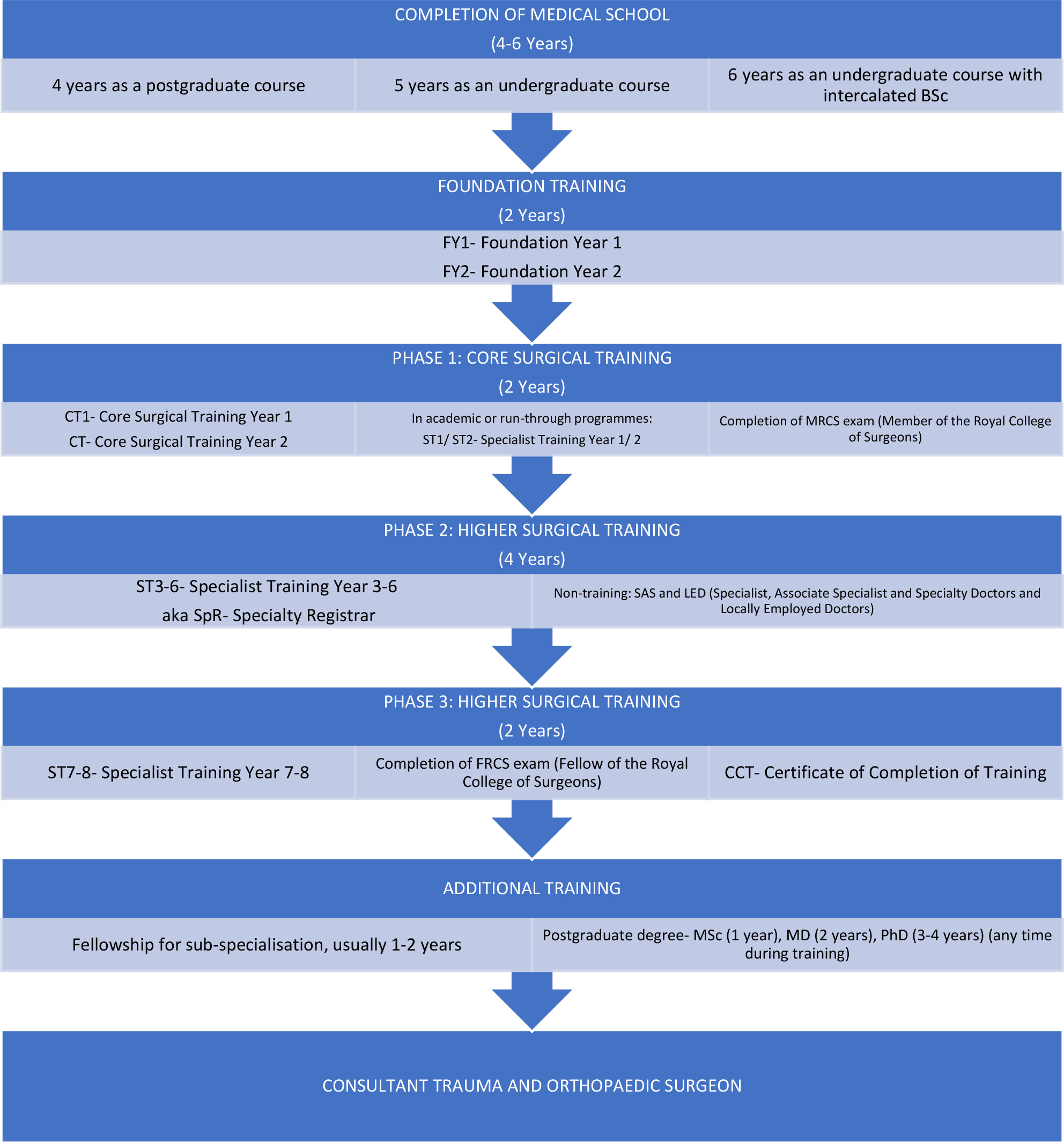 Fig. 1 
          Overview of typical training pathway from medical school graduation and grades of surgeons in trauma and orthopaedics in the UK. This includes two years of foundation training, two years of core surgical training, and six years of higher speciality training (FRCS exam typically taken during ST7 and ST8), although out of programme (OOP) years are not depicted in this figure.
        