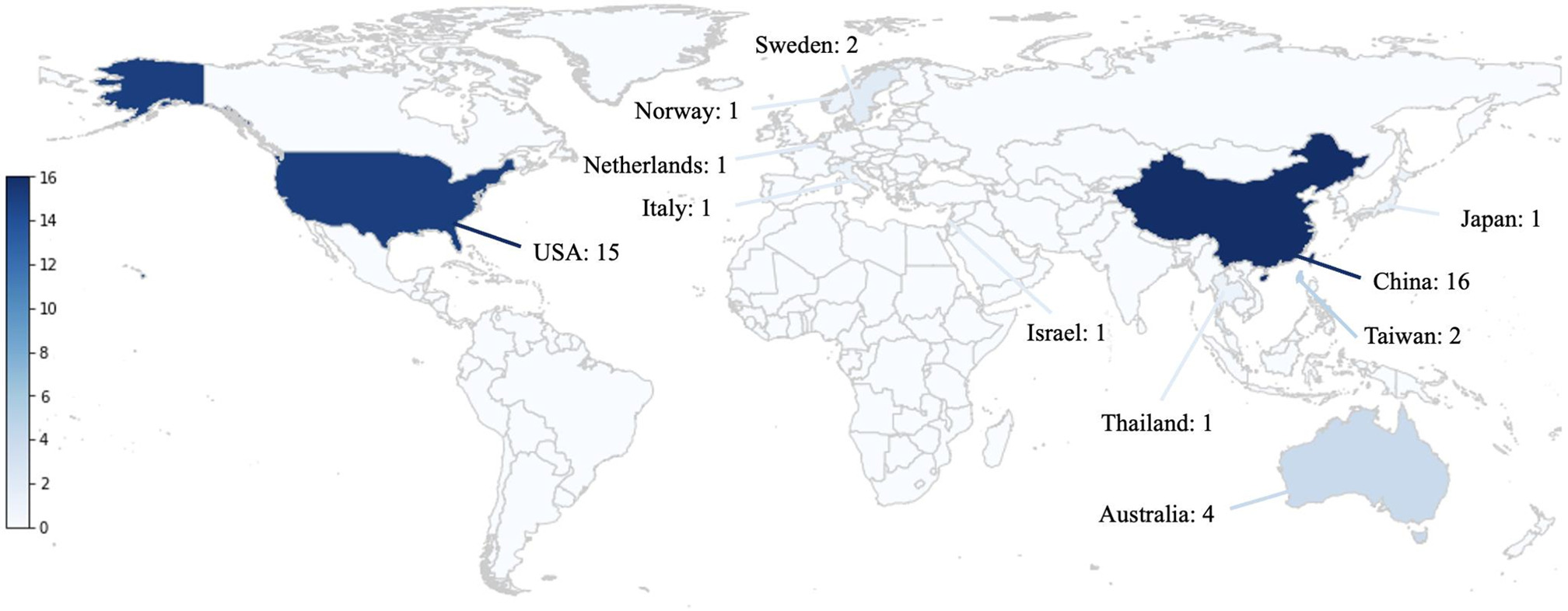 Fig. 2 
            World map showing the distribution of the included studies consisting of 44 development studies and one external validation study (from the USA). Of the developmental studies, four also performed external validation (three from the USA and one from Israel).
          