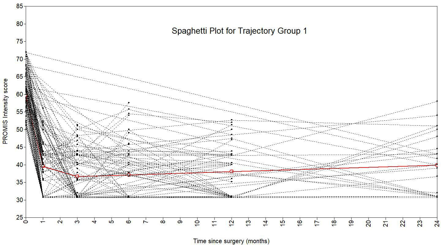 Fig. 3 
            Spaghetti plot showing latent trajectory class 1, overlayed over the patients allocated to this trajectory, from the three-class piecewise PROMIS intensity growth mixture model.
          