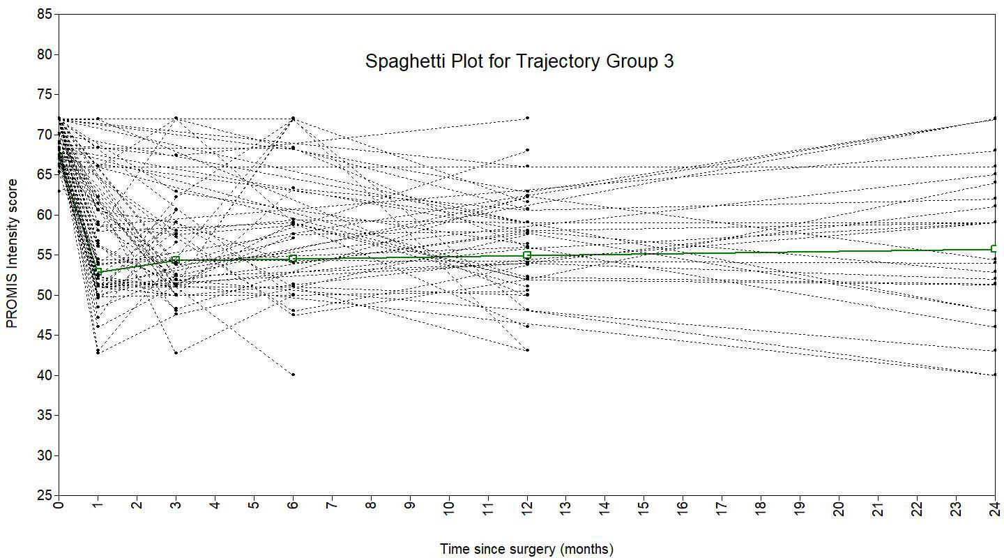 Fig. 5 
            Spaghetti plot showing latent trajectory class 3, overlayed over the patients allocated to this trajectory, from the thre-class piecewise PROMIS intensity growth mixture model.
          