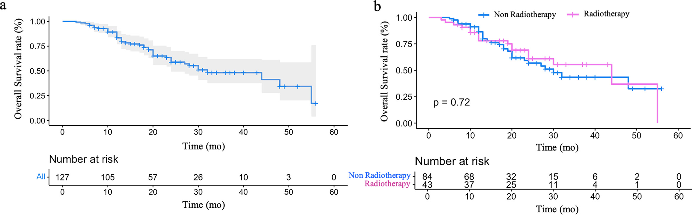 Fig. 4 
            Overall survival after surgery in a) all patients, and b) in the two groups.
          